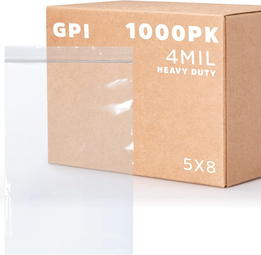 CLEAR PLASTIC RECLOSABLE ZIP BAGS - Bulk GPI Case Of 1000 5" x 8" 4mil Thick Heavy Duty strong & Durable Poly Baggies With Resealable Zipper Lock For Travel, Storage, Packaging & Shipping.