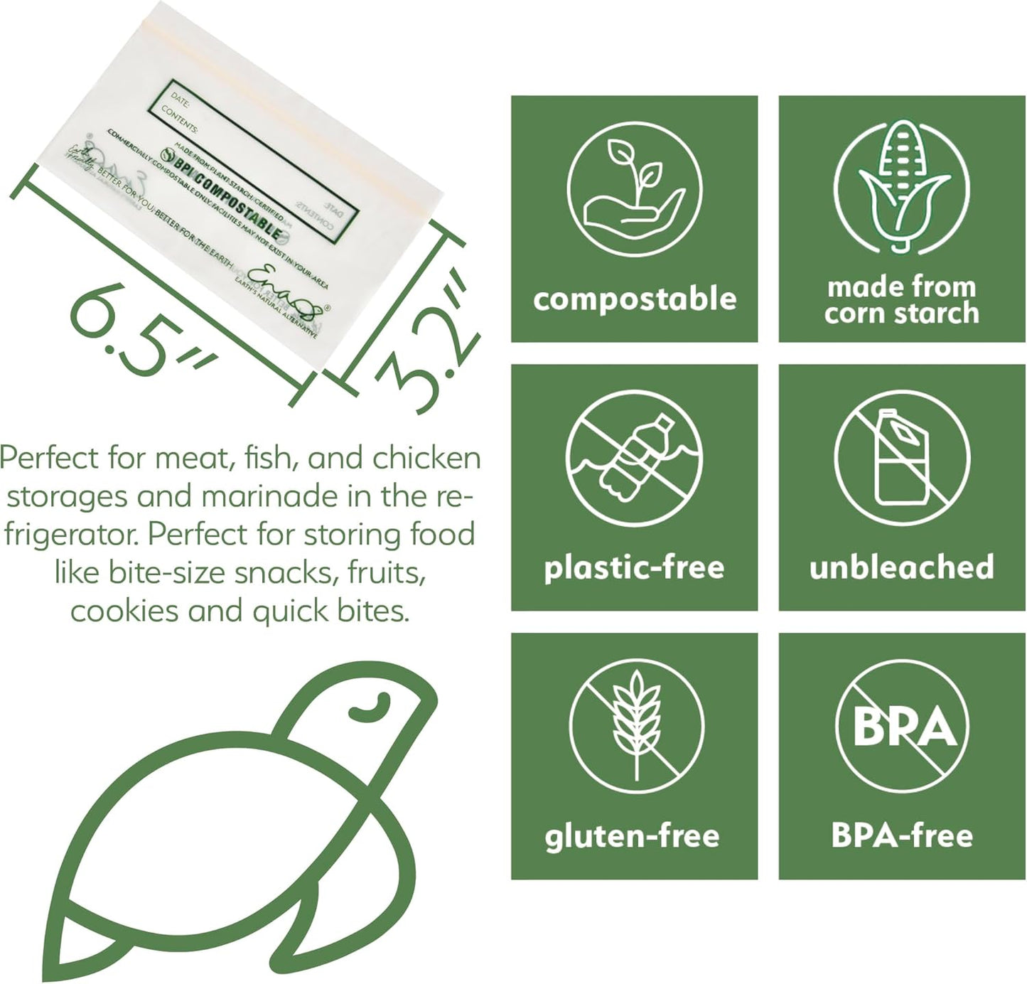 100% Compostable Food Storage Bags [Snack 150 Pack] Eco-Friendly Freezer Bags, Resealable Bags, Heavy-Duty, Reusable, Off-White by Earth's Natural Alternative