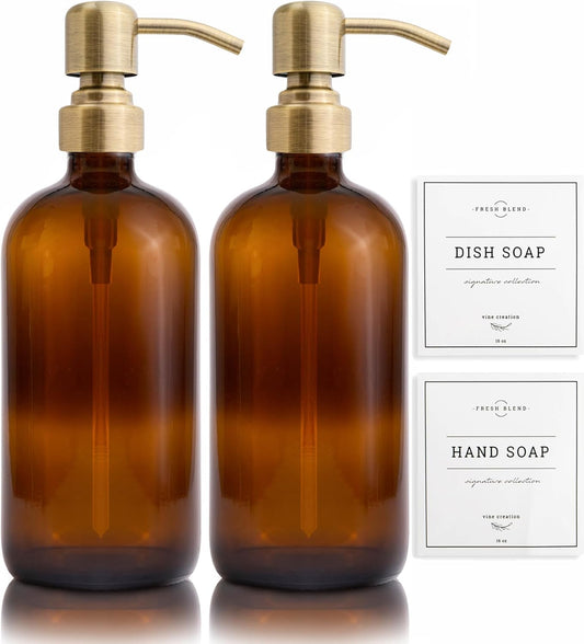 Vine Creations Amber Glass Soap Dispenser, 2 Pack Kitchen Soap Dispenser Set with Stainless Steel Pump, 16 oz Dish Soap and Hand Soap Dispensers for Bathroom with Waterproof Labels