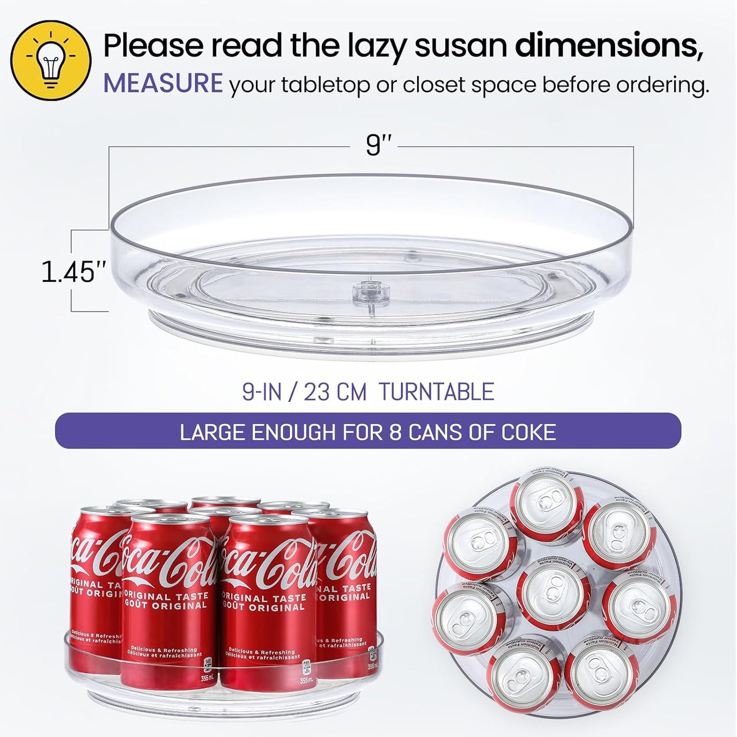 4 Pack 9 Inch Clear Acrylic Lazy Susan, Non-Skid Turntable Organizer for Cabinet, Kitchen, Pantry Organization Storage, Refrigerator, Vanity Makeup, Bathroom Countertop Organizing, Rotating Spice Rack