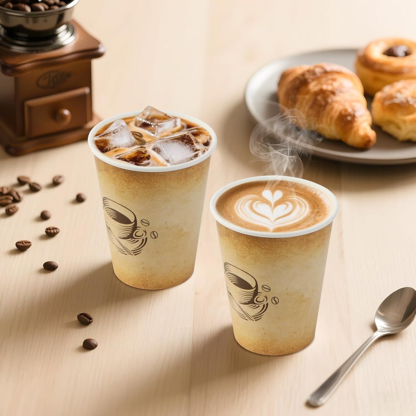 300 Pack 12oz Paper Coffee Cups, Hot/Cold Beverage 12oz Disposable Coffee Cups, Retro Design, Leak-Proof, Hot or Cold Drink, Cocoa, Chocolate, Coffee Bar Supplies