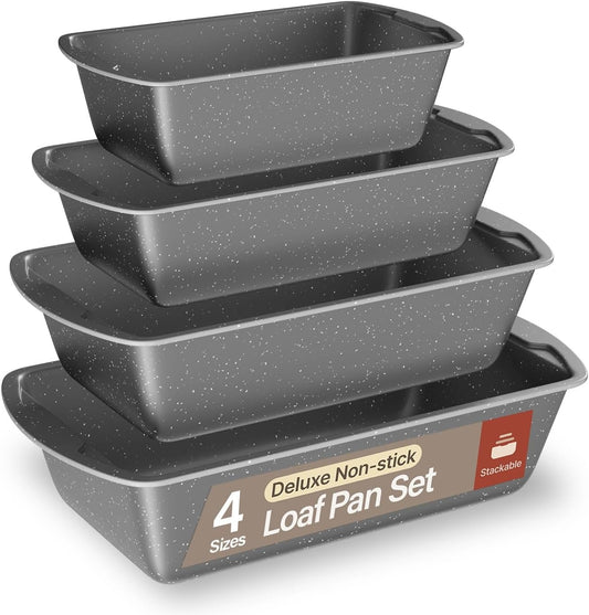Nonstick Loaf Pan Set Pack of 4, 7" to 11" Large Baking Bread Pan, Oven Safe Up to 450°F, PFOA, PFOS, PTFE Free, Space Saving Stackable Design, Stain Resistant, Dishwasher Friendly, Gray Marble