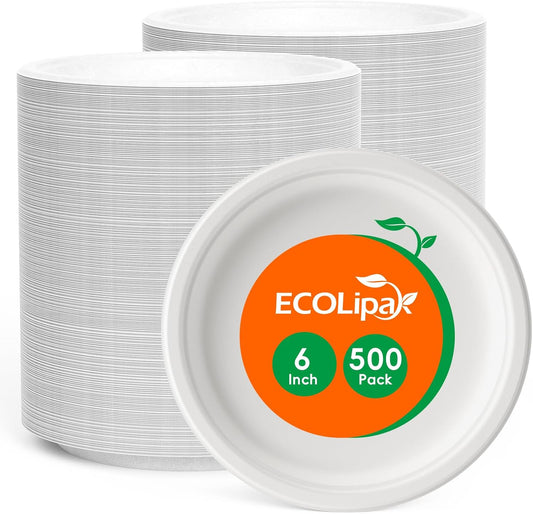 ECOLipak 6 Inch Disposable Compostable Small Paper Plates, 500 Pack Recycled Sugarcane Bagasse Biodegradable Heavy Duty Mini Dinner Appetizer Cake Dessert Plates for Party(White)