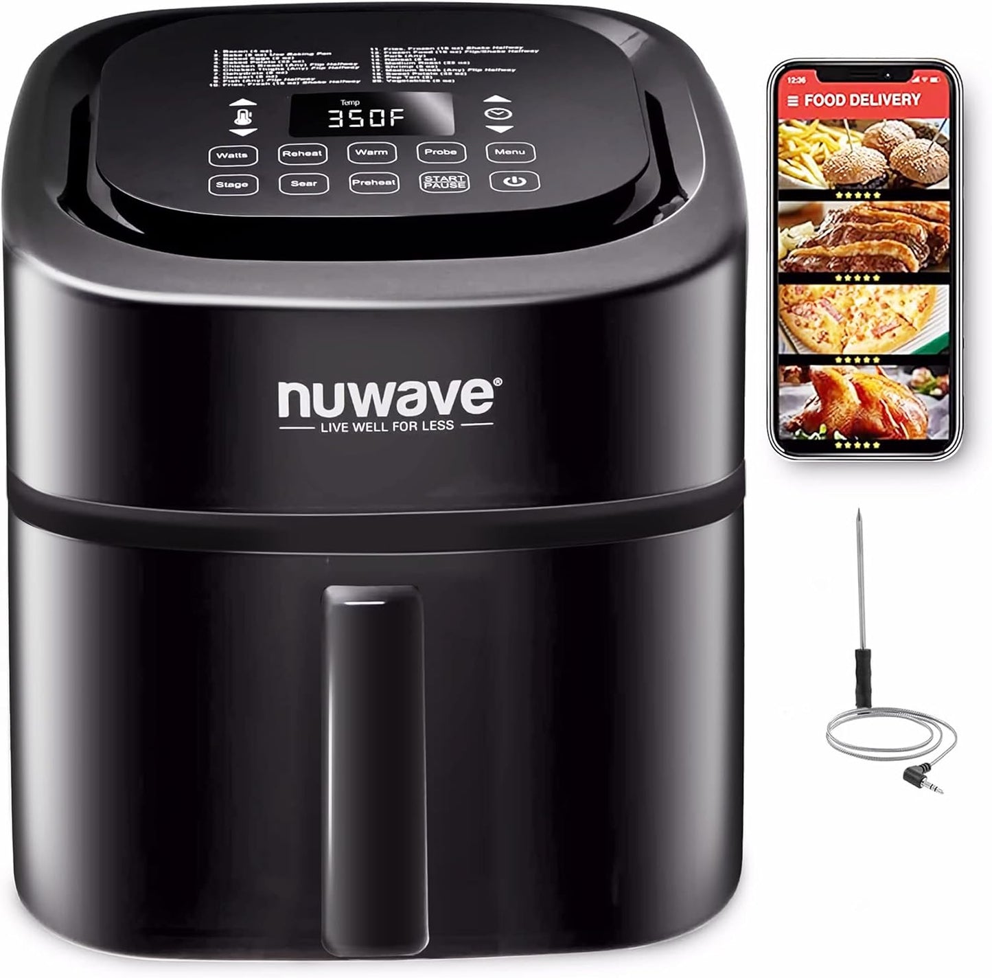 Nuwave Brio 8-Qt Air Fryer, Powerful 1800W, Easy-to-Read Cool White Display, 50°-400°F Temp Controls, 100 Pre-Programmed Presets & 50 Memory Slots, Integrated Smart Thermometer, Linear T Technology