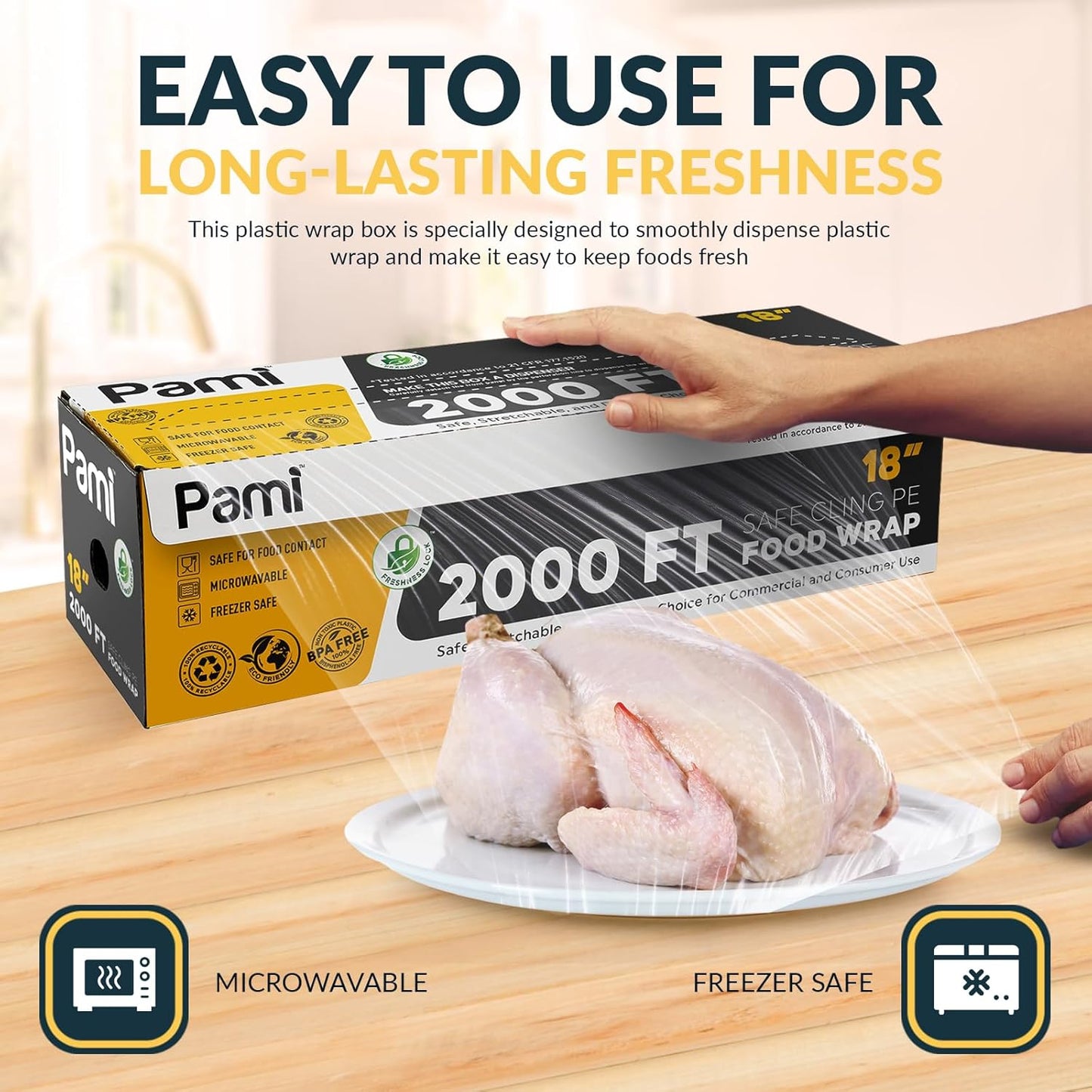 PAMI Plastic Food Wrap 18 Inch Wide X 2000ft, Clear Bpa Free Cling Wrap with Dispenser Box, Commercial Food Wrap Microwave Freezer Safe
