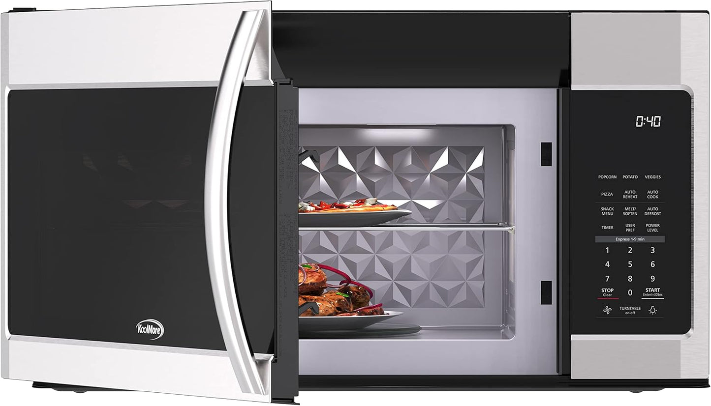 KoolMore KM-MOT-2SS Range Microwave Oven Lamp and 300CFM Recirculation Vent Hood, Auto Cook Menus, Reheat Function, 11 Power Levels, Timer, and Weight Defrost, 30 in/1.9 Cu. Ft, Silver