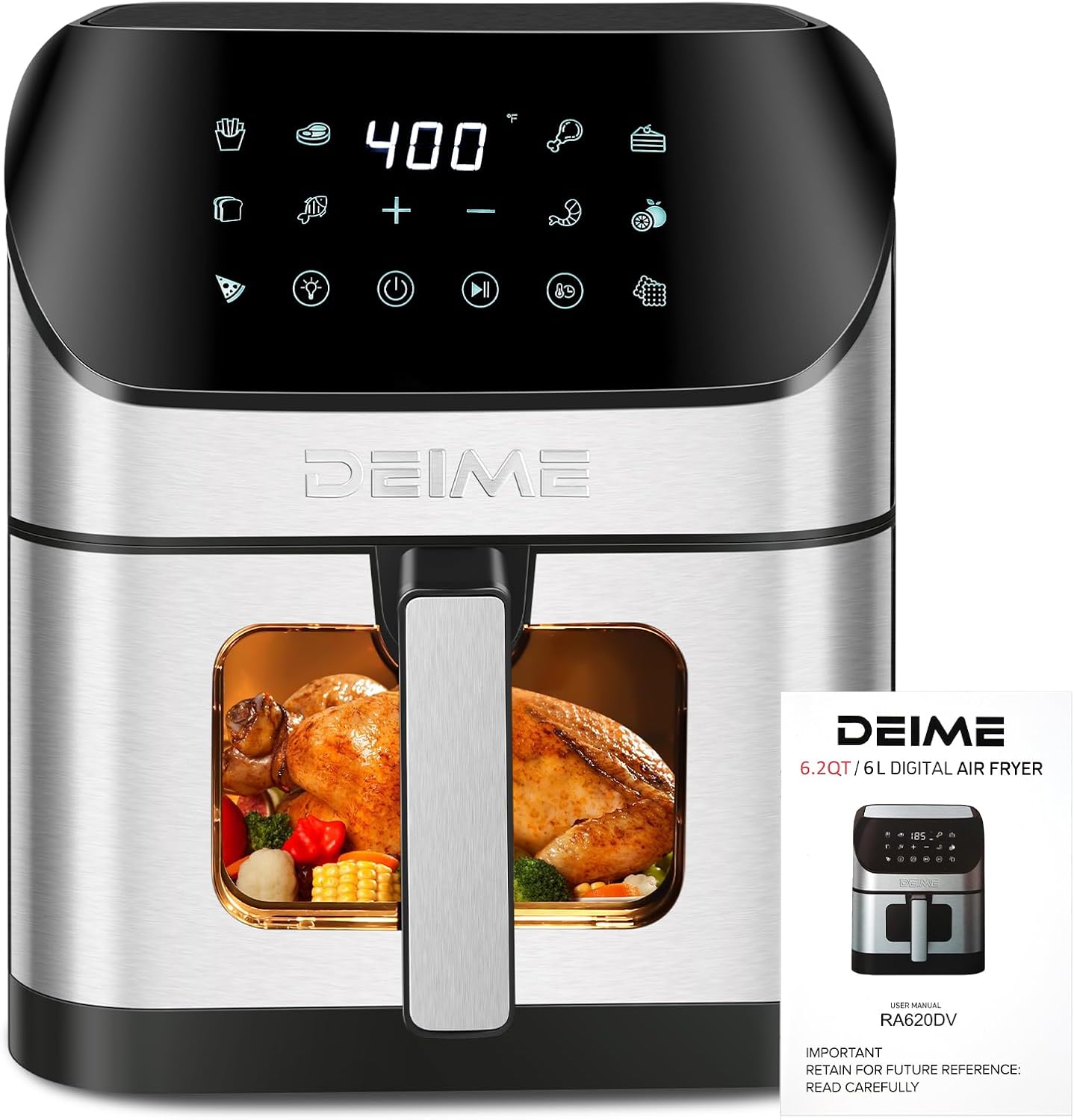 DEIME Air Fryer 6.2 QT Oilless 1500W Large Capacity Oven Air Fryers Healthy Cooker with 10 Preset, Visual Cooking Window, Non-Stick Basket, Included Recipe