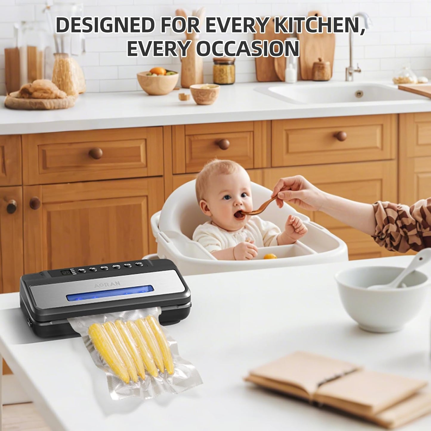 AORAN Vacuum Sealer with Transparent Window, 80KPa Powerful Food Vacuum Sealer, Compact and Easy-to-Use, Includes 5 Bags & 1 Roll, Dry & Moist Modes for Food Preservation