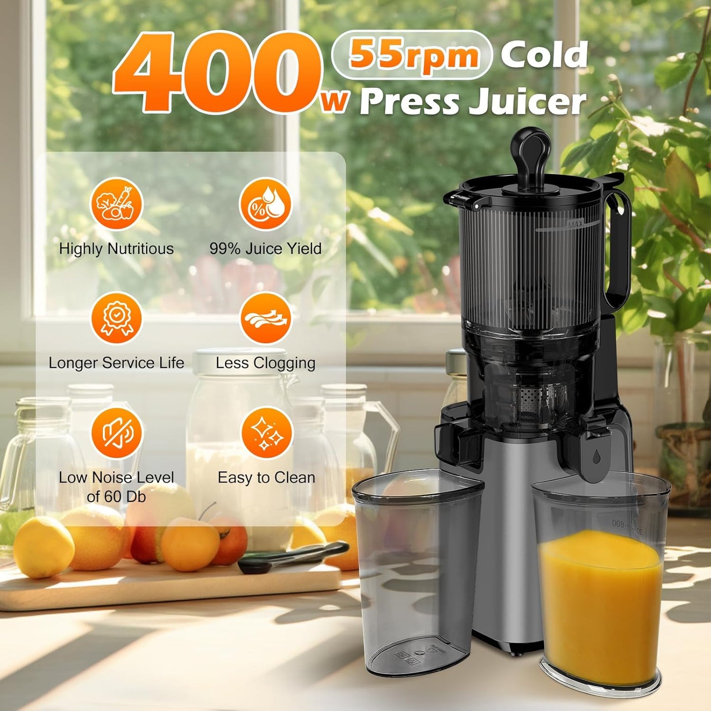Juicer Machines with 5.8" Large Feed Chute, Cold Press Juicer For Whole Vegetables and Fruits, 400W Professional Slow Masticating juicer Easy to Clean for Batch Juicing (Titanium Gray)