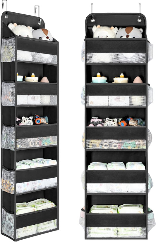 Yecaye 2 Pc Over the Door Organizer with 5 Bins 10 Side Pockets, 44lbs Load Hanging Bathroom and Bedroom Organizer, behind the Door Hanging Organizers for Nursery Newborn Baby Essential Stuff Black