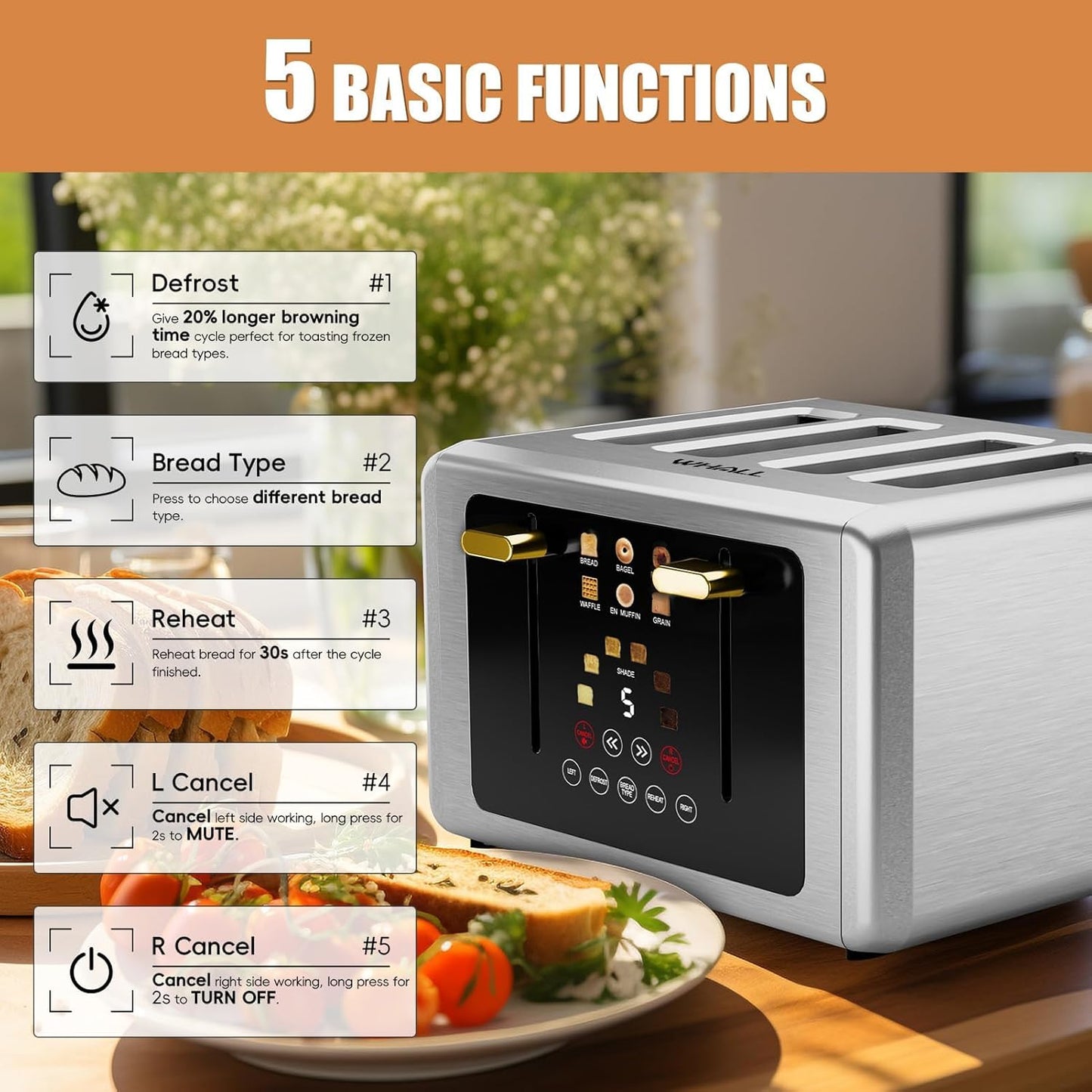 whall 4 Slice Touch Screen Toaster, Stainless Steel Toasters Digital Timer, Dual Control Panel Toasters，6 Shade Settings＆6 Bread Types, Smart Wide Slots, Bagel, Cancel, Defrost,Flat lever White