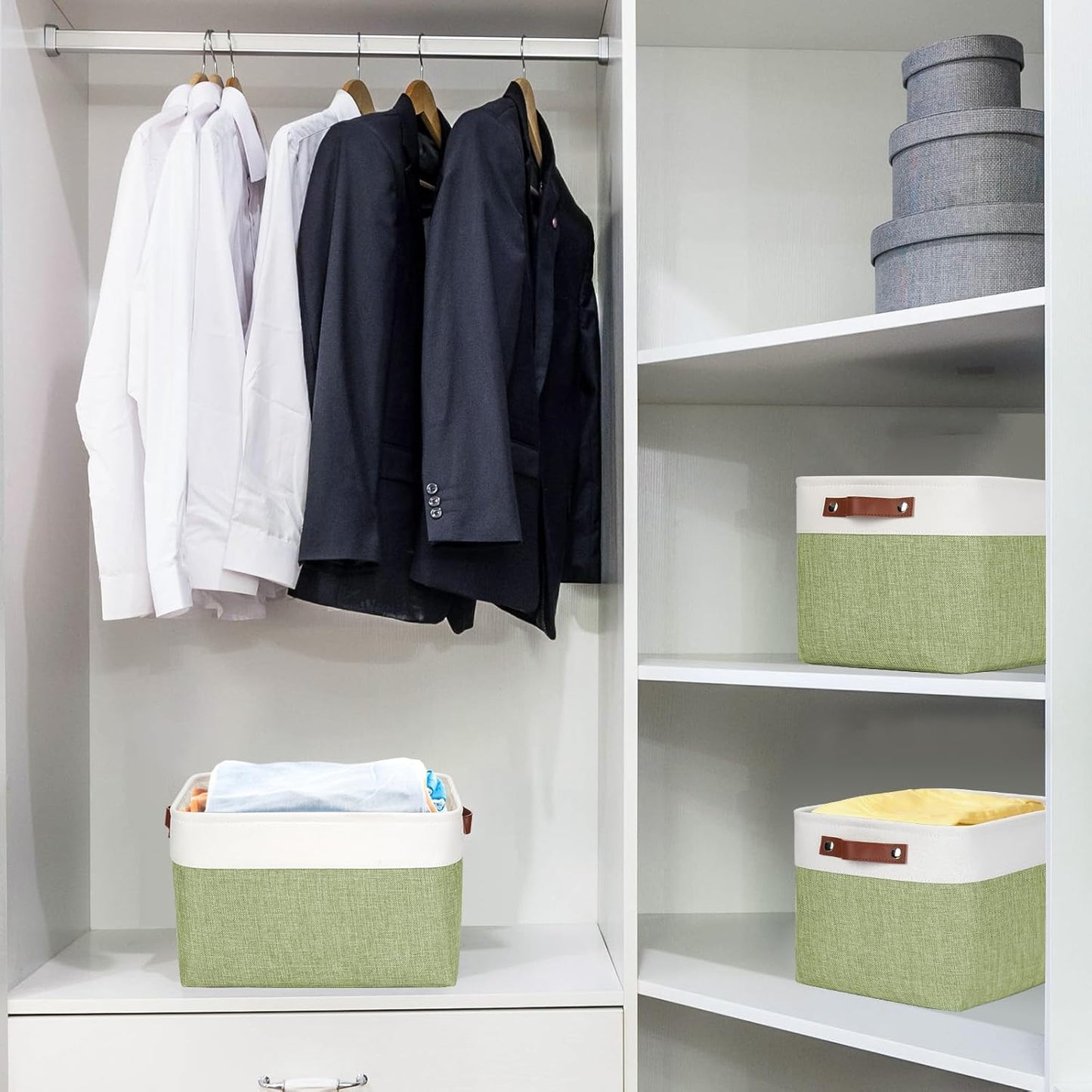 Storage Bins Large Fabric Storage Baskets for Shelves 3 Pack, Decorative Linen Closet Baskets with Handles for Organizing, Shelf, Clothes, Home, Office, 15x11x9.5Inches (Green&White)