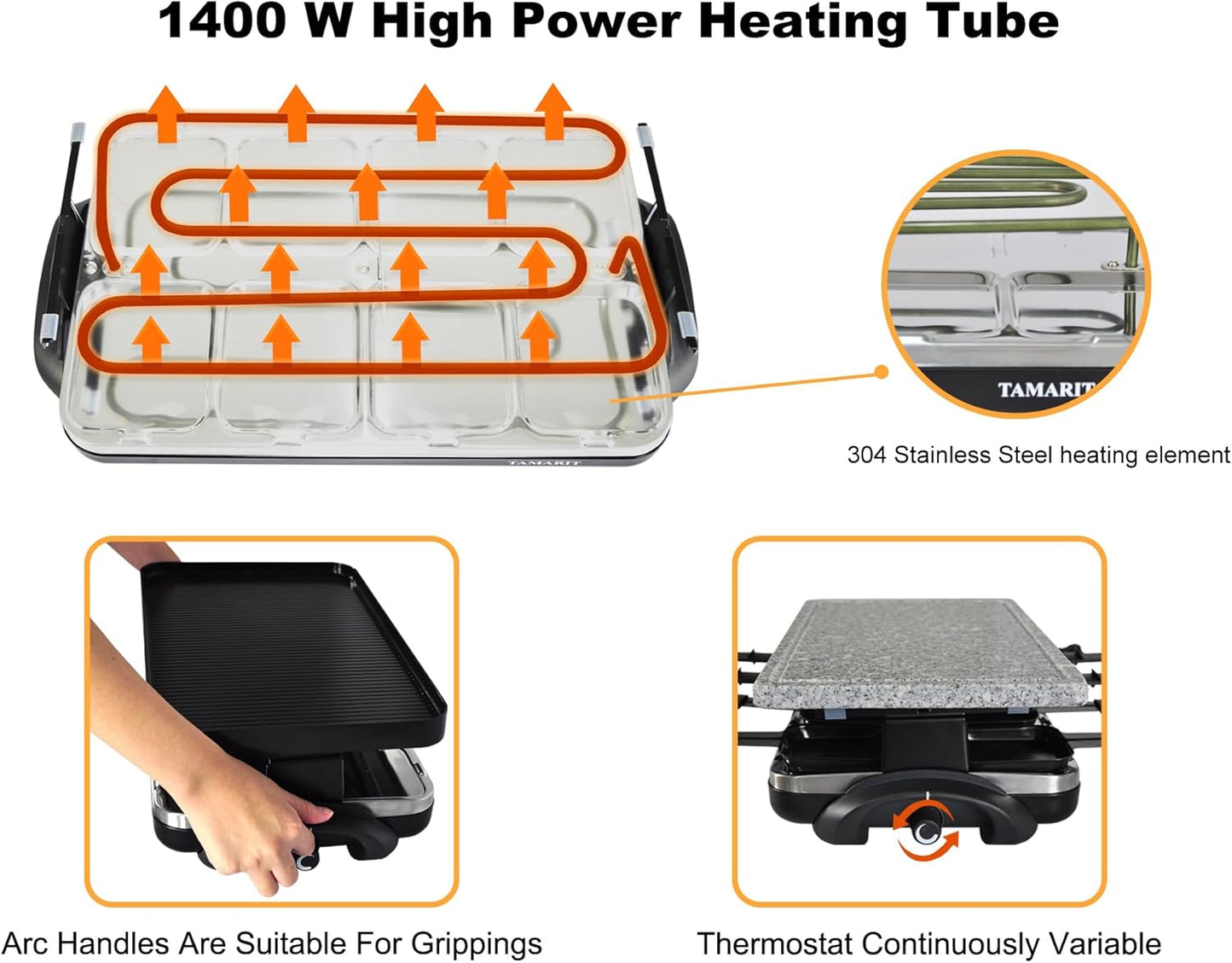 TAMARIT Raclette Table Grill Portable 3 in 1 Korean Barbecue BBQ Grill Electric Indoor Grill with Non-Stick Reversible Grilling Plate & Cooking Stone for Steak 1400W Raclette Grill for 8 Person, Black