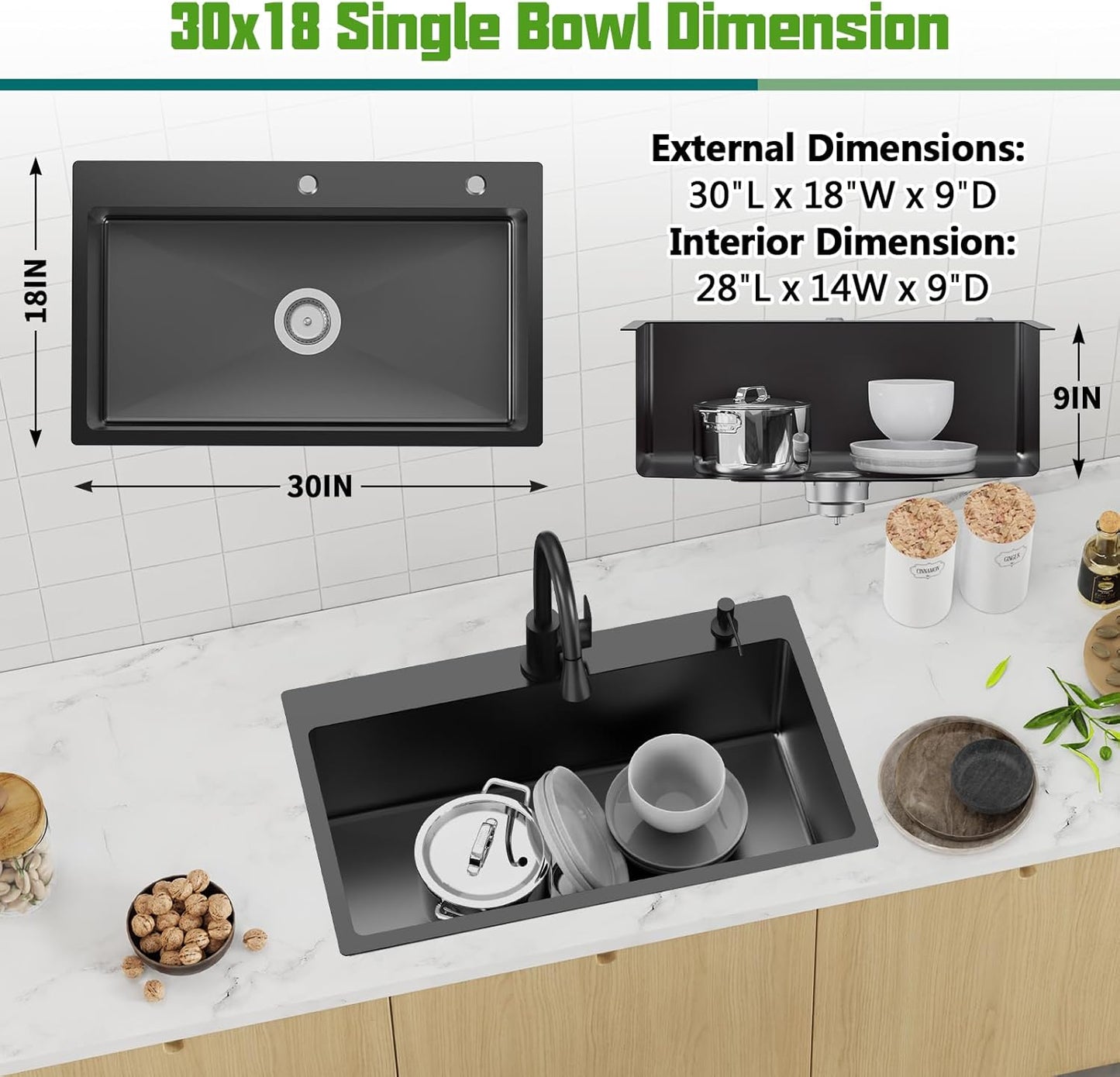 Black 30x18 In Drop In Kitchen Sink-Stainless Steel Topmount Modern Single Bowl Kitchen Sink Come With Silicon Mat,Drain Strainer Set Offer Large Basin And Compatibility With Various Kitchen&Bar Style