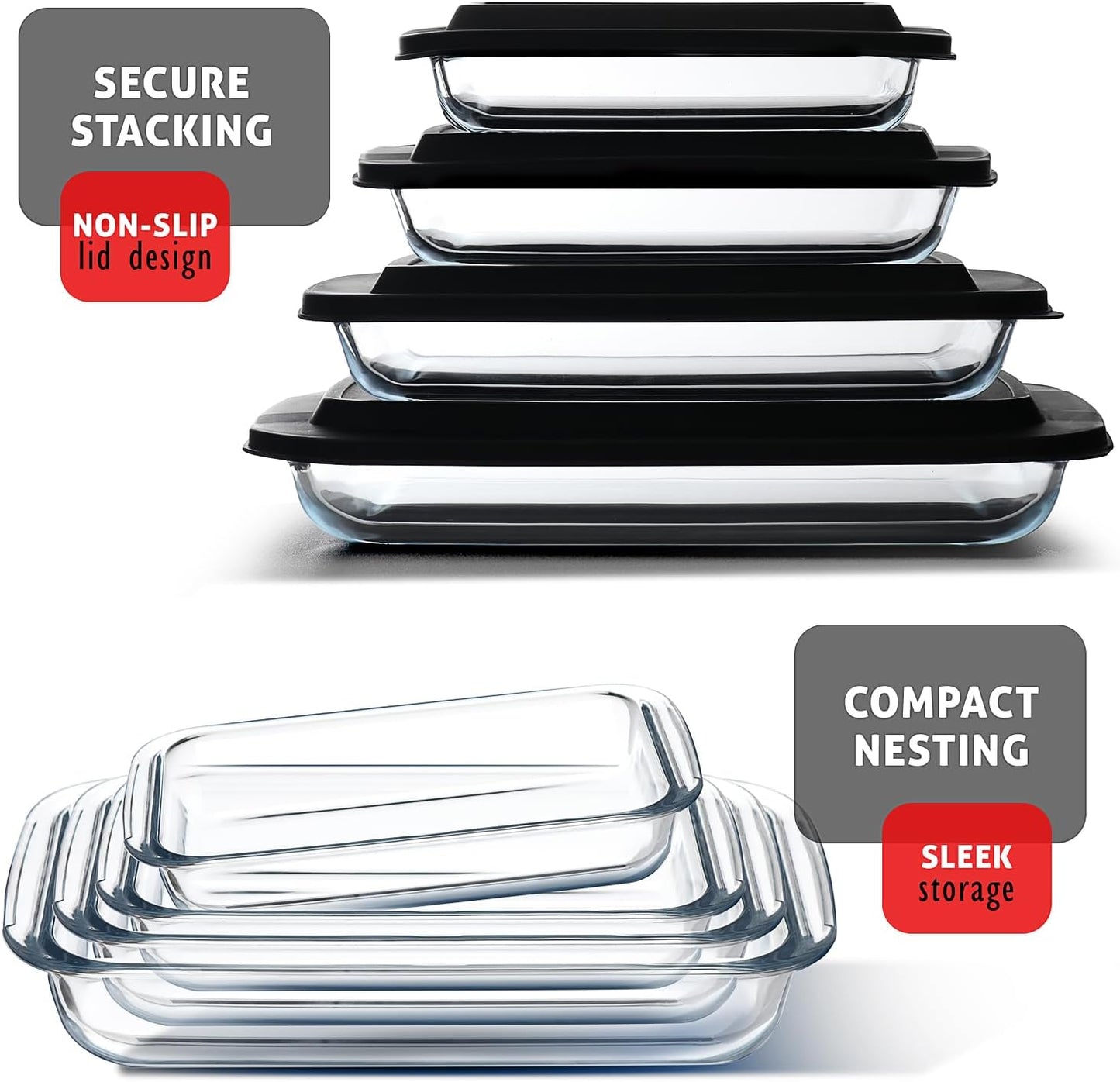 Nestl 8pc Glass Baking Dishes for Oven, Glass Food Storage Containers with Lids, Leakproof Casserole Dishes for Oven with Lid, Cooking, Microwave Oven Freezer Safe Bakeware, 9x13 Lasagna Pan Black