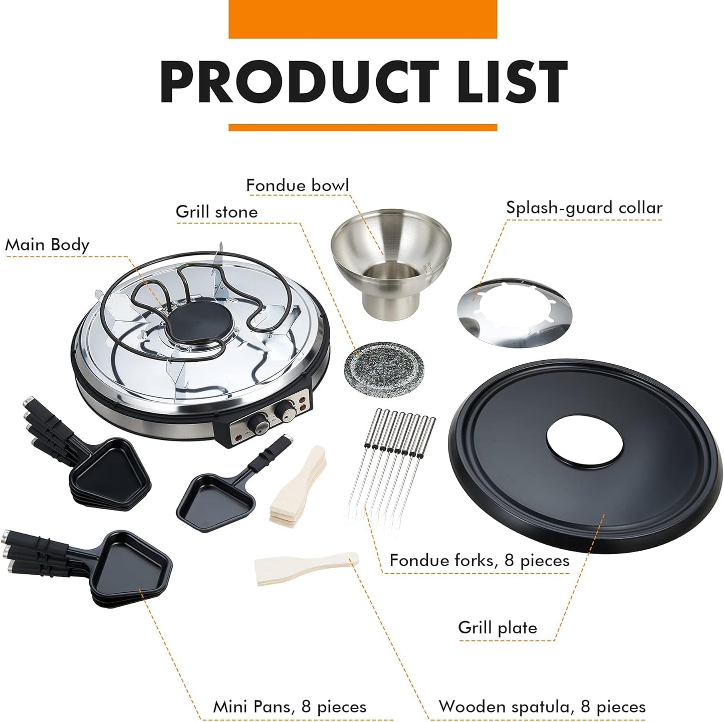 Electric Fondue Pot Sets with Barbecue Grill, 600ml Fondue Pot with 8 Forks and Electric Raclette, Dual Adjustable Thermostats, Perfect Fondue Grill Combo for Family Fun