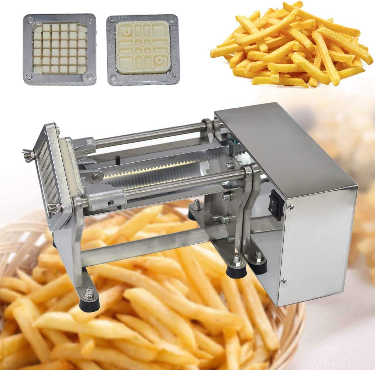 French Fry Potato Cutter Machine Electric Cutting Slicer Chipper Automatic Potato Cutter with 3 Sizes of Replaceable Blades Stainless Steel for Commercial Industrial Kitchen Restaurant Use