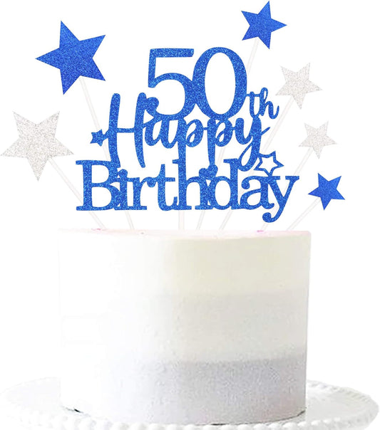 Glittery 50th Happy Birthday Cake Topper with Star,Personalised 50 Birthday Cake Toppers Party Decorations Party Supplies for Men Women Blue