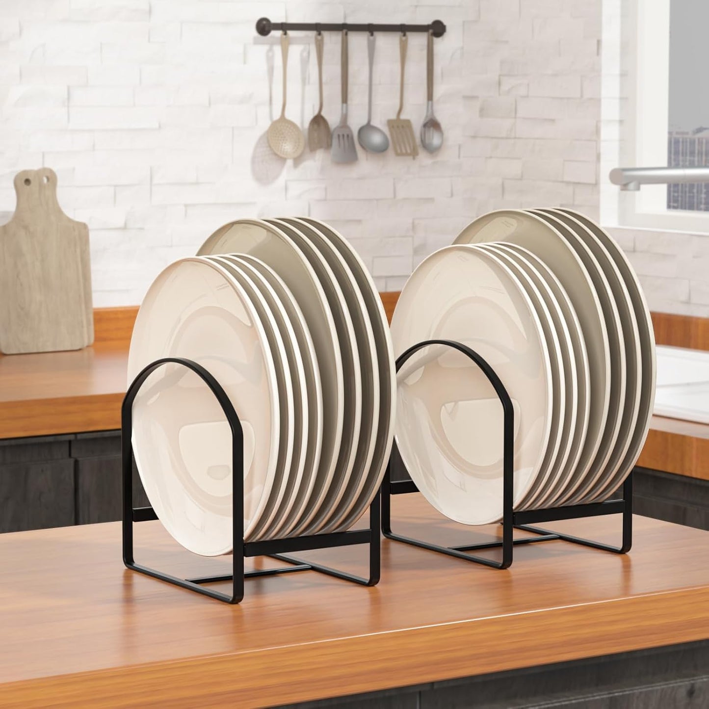 LINFIDITE 2 Pack Kitchen Plate Holder Organizer for Cabinet Space Saver Dinner Dish Plate Storage Rack Upright Dish Drying Racks Metal Dish Racks Stand for Cupboard and Countertop Large Black