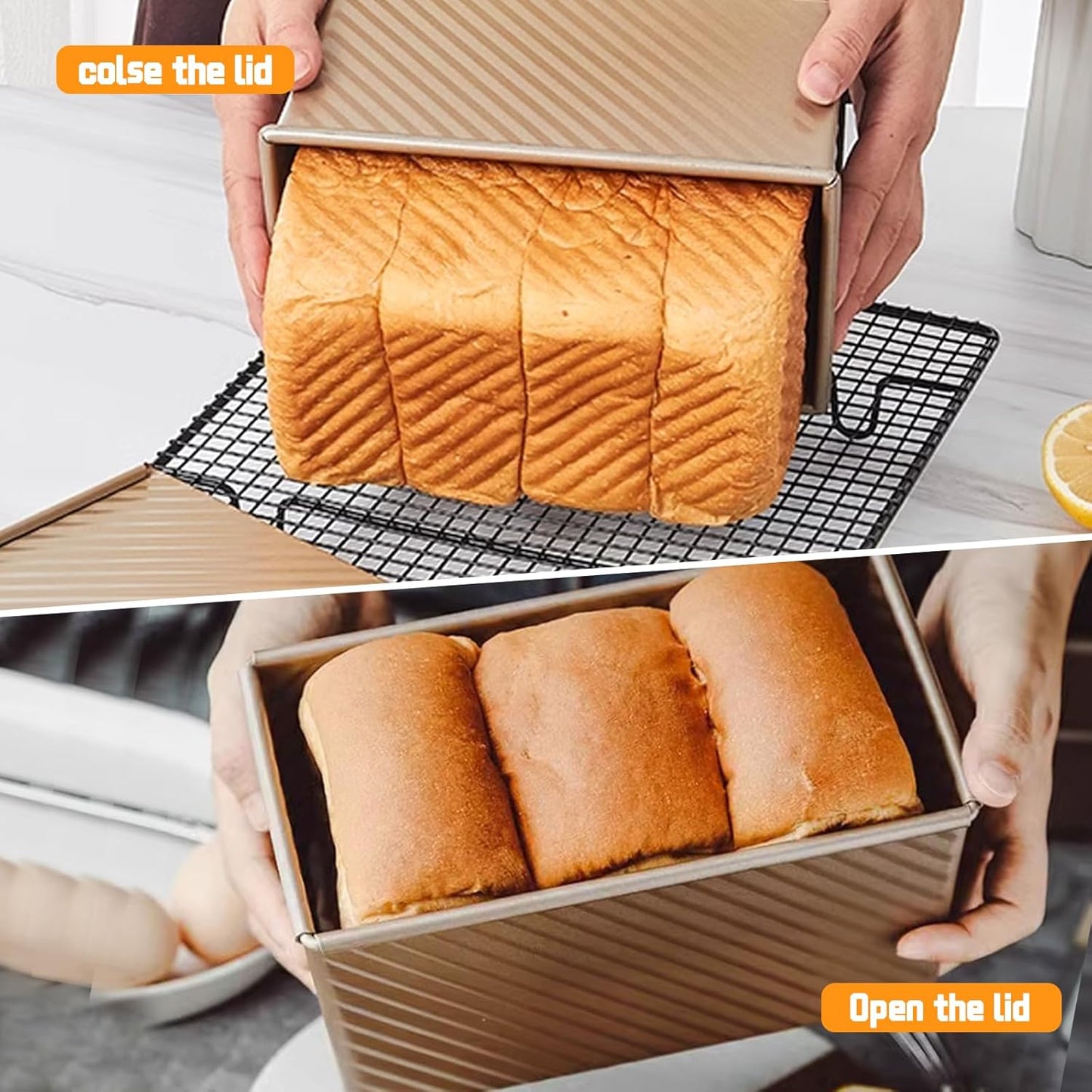 2 Pack Pullman Loaf Pan with Lid, 1 lb/0.5 lb Dough Capacity, Carbon Steel Corrugated, Non-Stick Sandwich Bread Loaf Pan with Lid