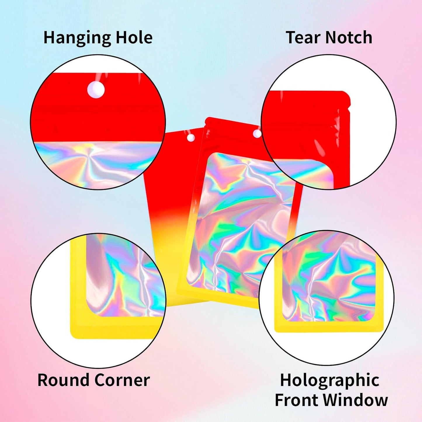 200 Pack Resealable Mylar Holographic Bags Food Storage Smell Proof Bags with Front Window Foil Packaging Pouch for Candy Sample Jewelry Small Business 4.72×7.87 Inch, Red Fade Yellow