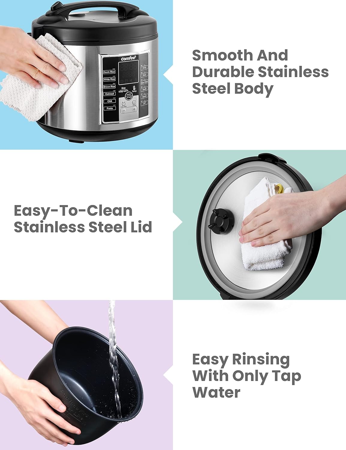 COMFEE' Rice Cooker, Slow Cooker, Steamer, Stewpot, Sauté All in One (12 Digital Cooking Programs) Multi Cooker (5.2Qt ) Large Capacity. 24 Hours Preset & Instant Keep Warm, Black/Silver (MB-M25)