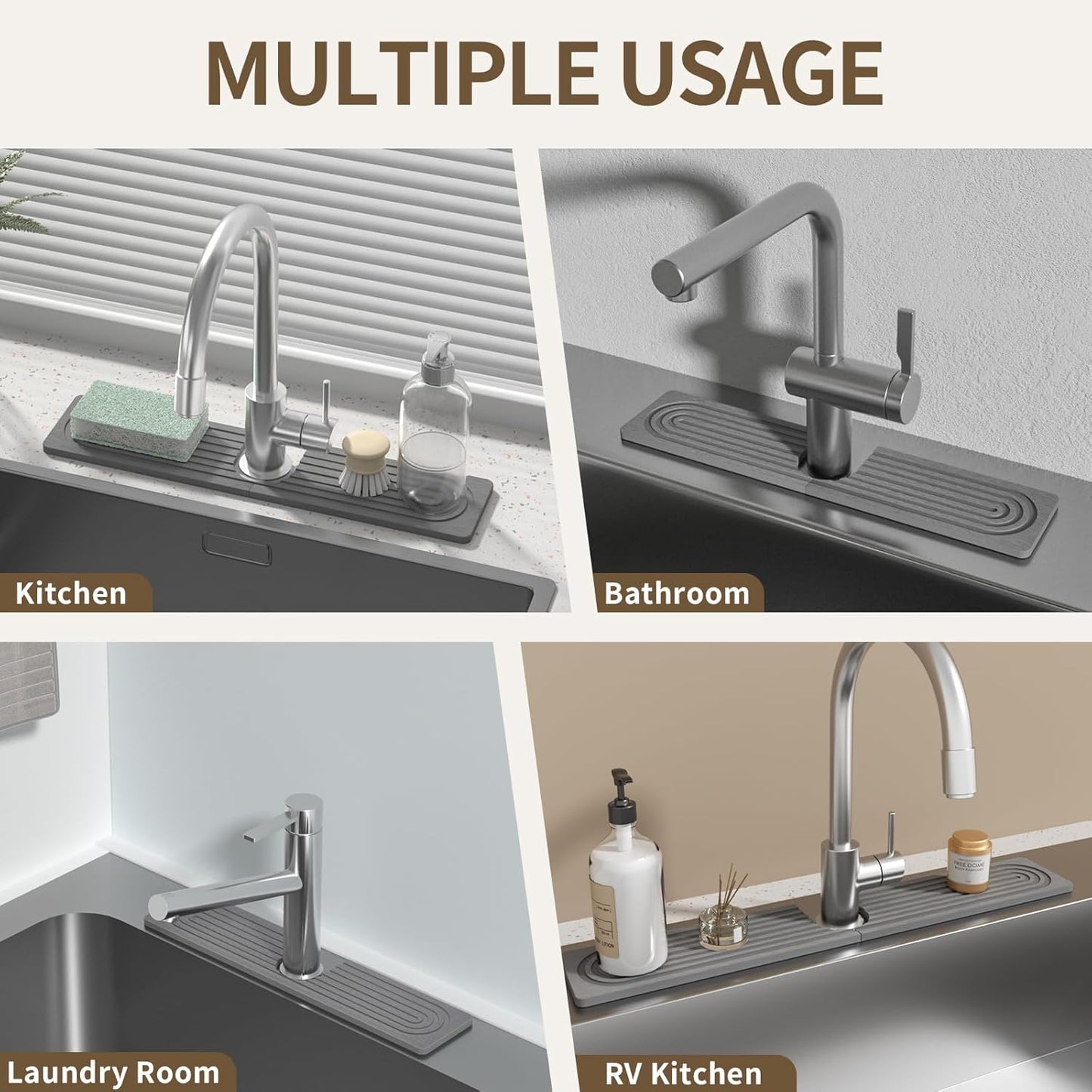 Faucet Mat for Kitchen Sink, Diatomite Stone Drying Sink Protectors, Bathroom Faucet Splash Guard, Quick Dry Water Absorbing, Non-Slip Stone Tray for Kitchen Counter, Grey, 15.7" x 3.9"