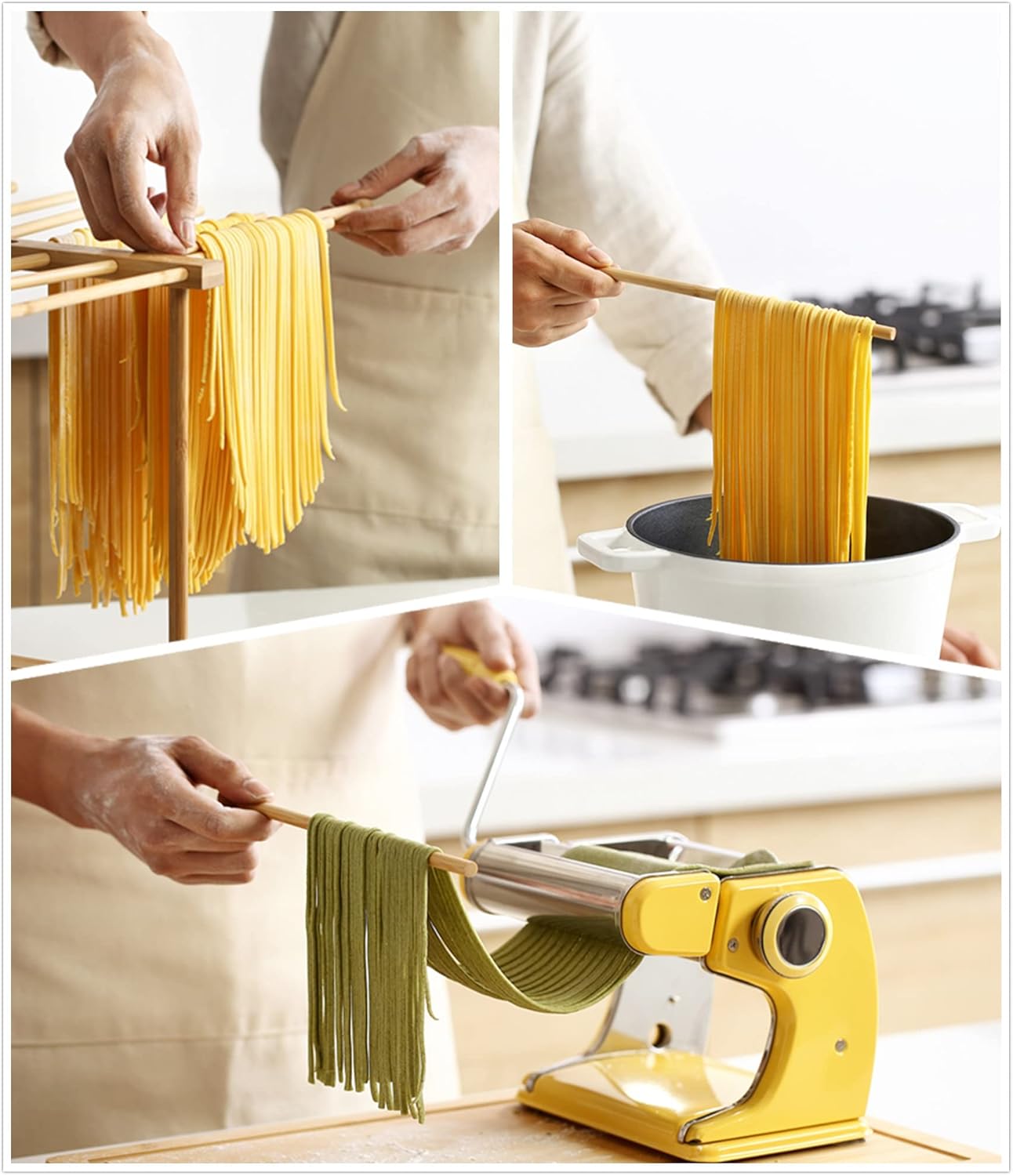 Bamboo Pasta Drying Rack with Transfer Wand and 12 Bars, Easy to Transfer for Drying Pasta and Cooking, Special Suspension Design for Large Storage