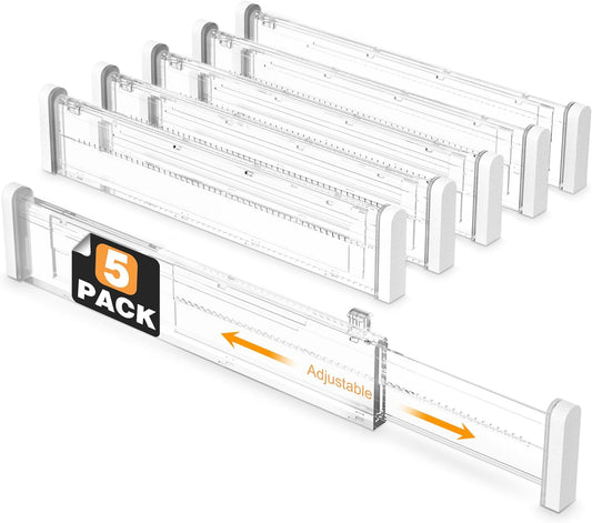 HiYZ Expandable Drawer Dividers - 12.6-22.8'' Adjustable Drawers Organizers for Kitchen Utensils, Drawer Separators in Bedroom, Dresser, Office, Bathroom, Fridge, 5 Pack Long Dividers-Clear