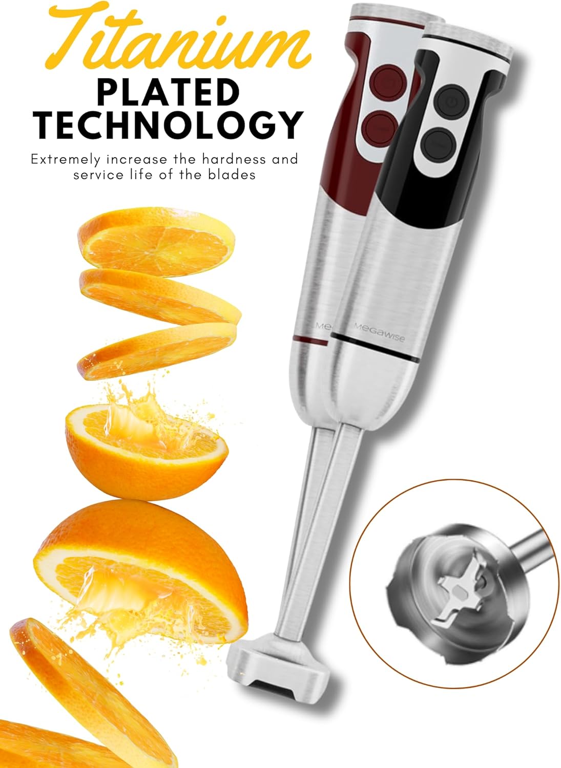 MegaWise Pro Titanium Reinforced 5 in1 Immersion Hand Blender, Powerful with 80% Sharper Blades, 12 Speed Corded Blender, Including 500ml Chopper, 600ml Beaker, Whisk and Milk Frother