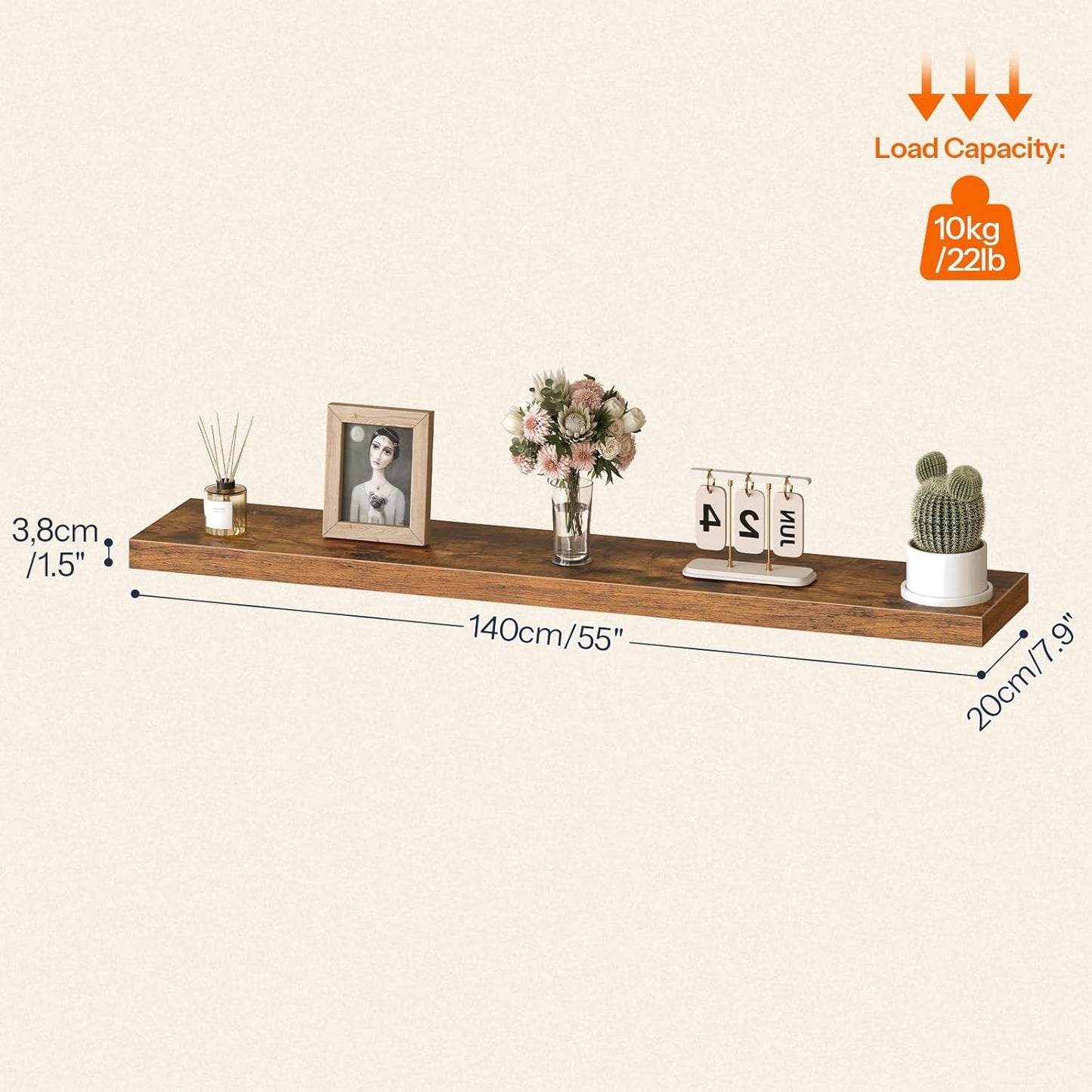 HOOBRO Floating Shelves for Wall, Wall Mounted Shelf Set of 2, 55" Hanging Shelf with Invisible Brackets, for Wall in Bathroom, Bedroom, Toilet, Kitchen, Living Room, Office, Rustic Brown BF140BJP201