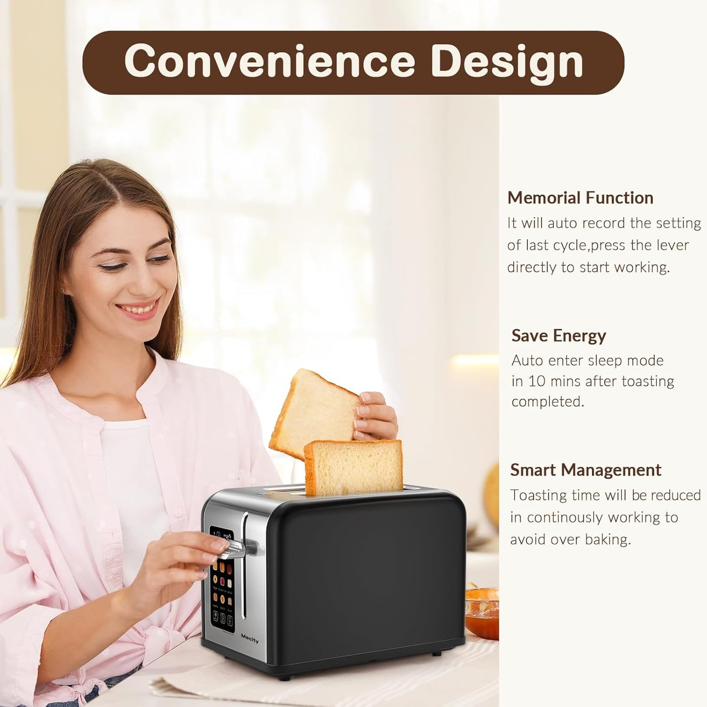 Mecity 2 Slice Touch Screen Toaster, 1.5" Wide Slot, Stainless Steel Smart Toaster for Bagels, Muffins, Waffles, Gluten-Free Breads, Defrost, Reheat, Timer, 120V 825W, Matt Black