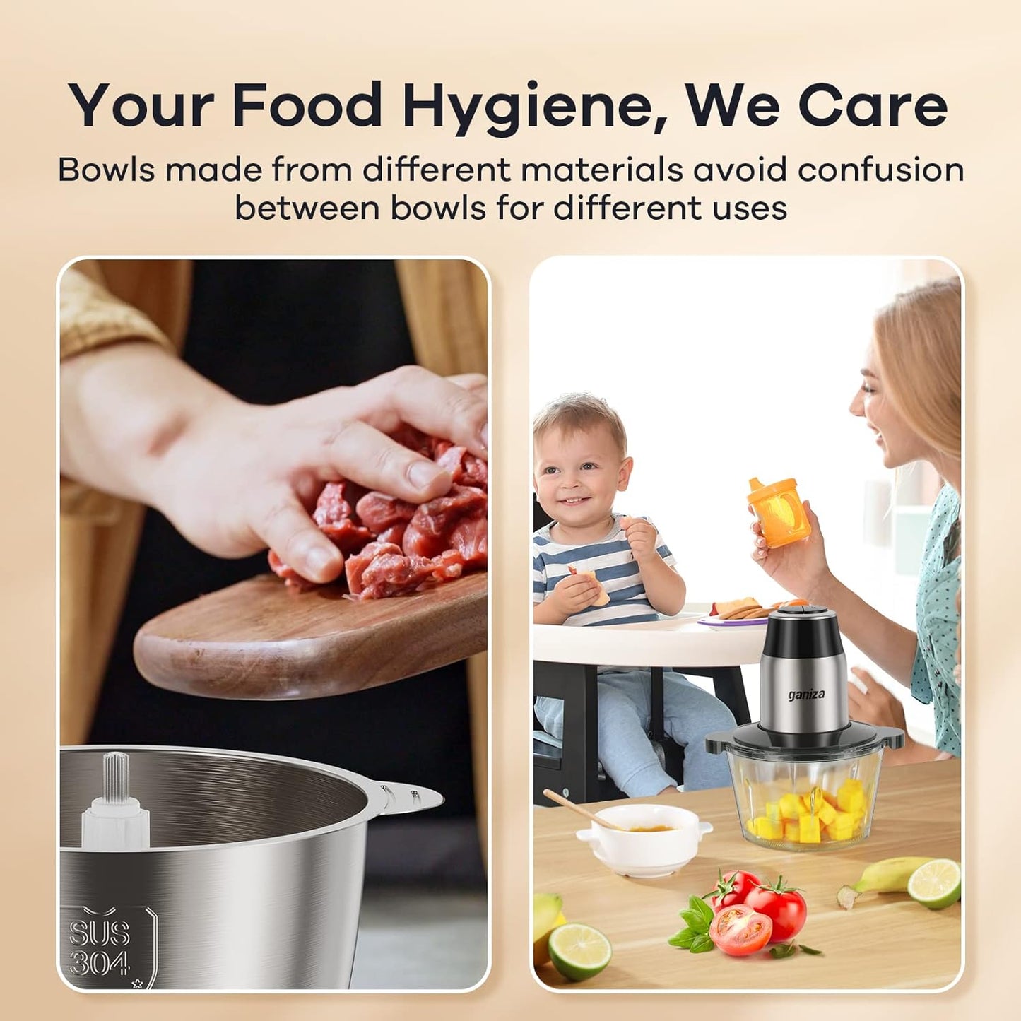 GANIZA Food Processors, Electric Food Chopper with Meat Grinder & Vegetable Chopper - 2 Bowls (8 Cup+8 Cup) with Powerful 450W Copper Motor - Includes 2 Sets of Bi-Level Blades for Fruits/Meat/Nuts