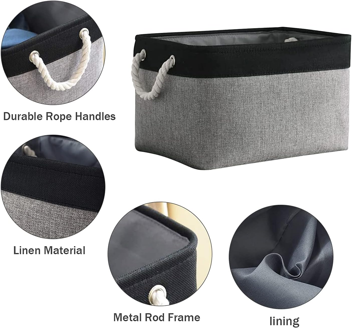 TcaFmac Storage Basket for Organizing - Large 4 Pack Canvas Decorative Storage Bins Baskets for Shelves with Ropes, Foldable Storage Cubes for Closet Cloth Toy Linen(Black & Grey 16x12x8 inch)