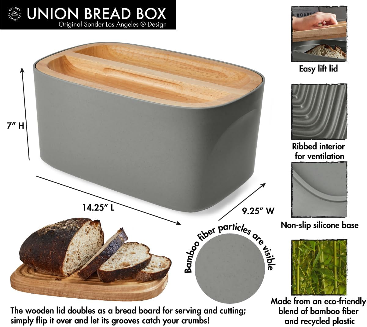 Sonder Los Angeles, Modern Bamboo Fiber and Recycled Plastic Bread Box (Charcoal) for Kitchen Countertop with Reversible Cutting Board Lid, Homemade Bread Bin Storage Container 14.25 x 9.25 x 7 in