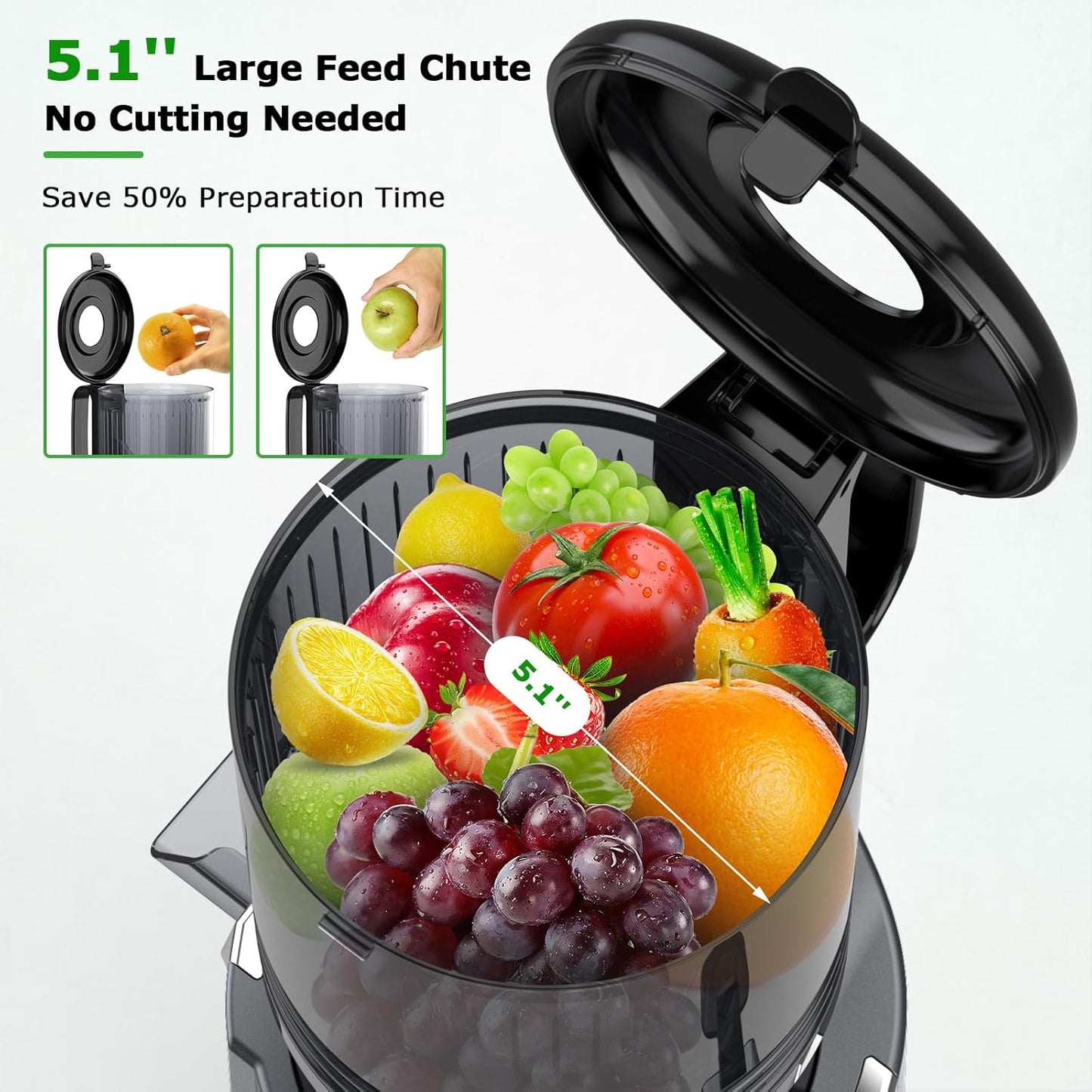 OMMO Cold Press Juicer Machines: 5.1" Feed Chute for Whole Fruits & Veggies, 300W Slow Juicer BPA Free for Kids, Beep Alert Easy Clean Juicers for Busy Mornings/Moms/Fitness/Healthy Living, Grey