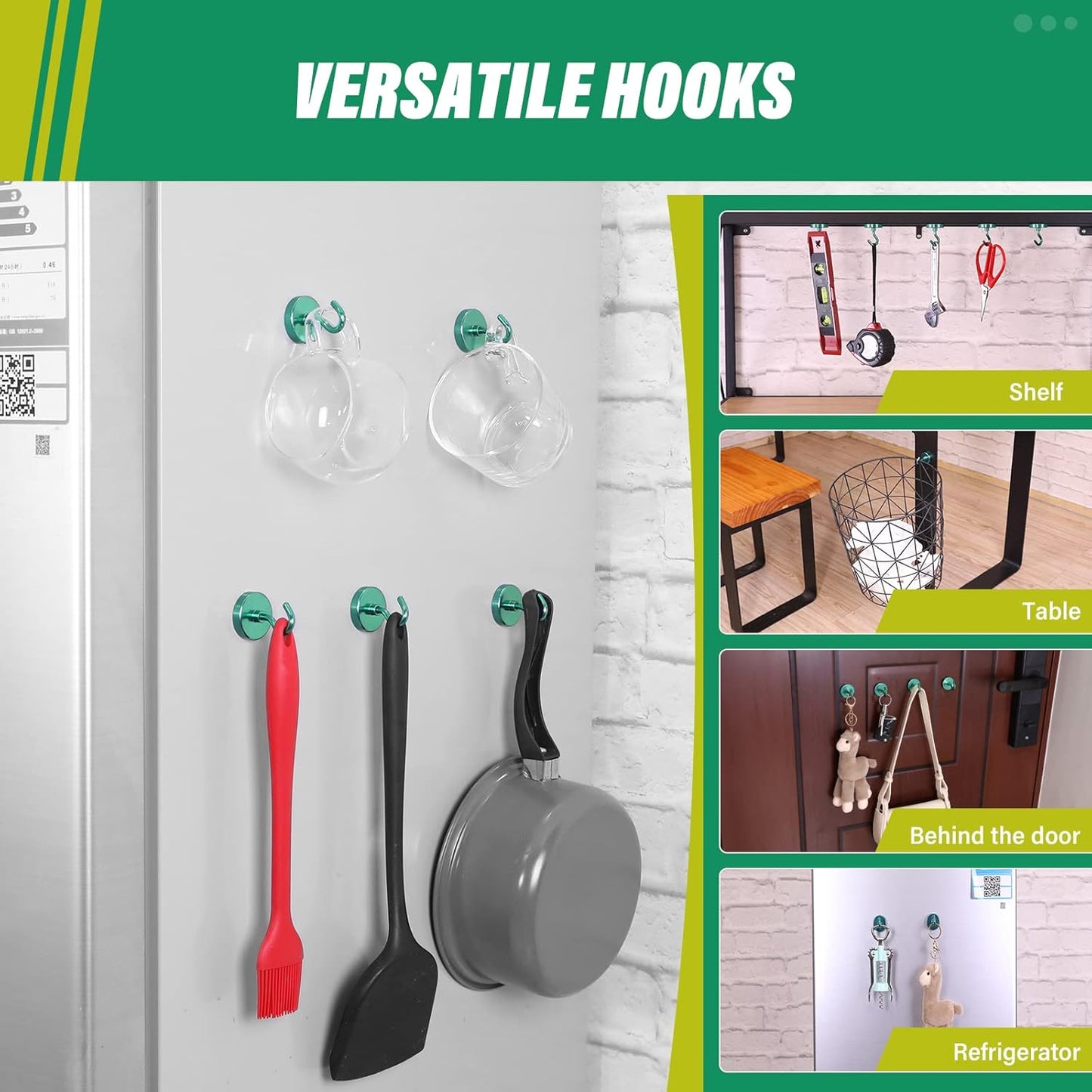 Neosmuk Magnetic Hooks Heavy Duty,Strong Magnet with Hook for Fridge, Super Neodymium Extra Strength Industrial Hooks for Hanging, Magnetic Hanger for Toolbox, Cruise, Grill(Green,10 Pack)
