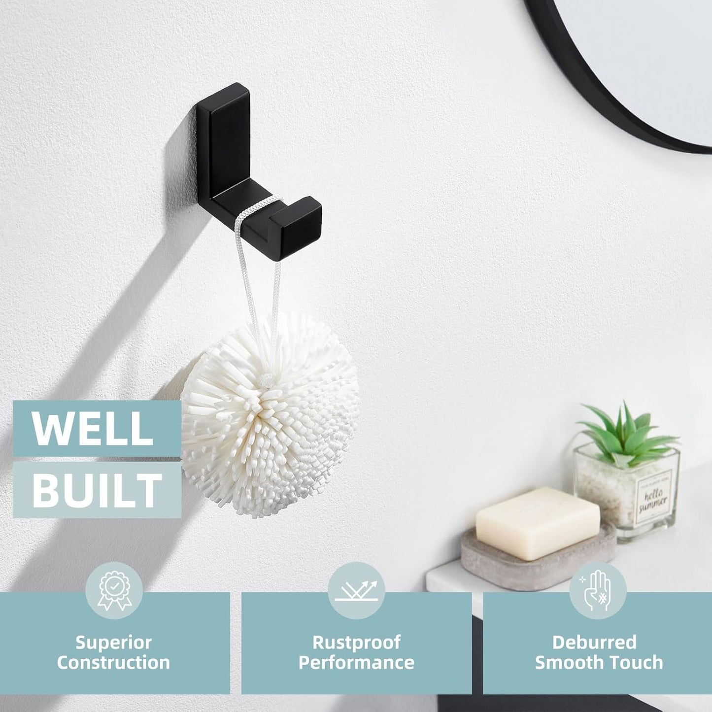 Angle Simple Towel Hook for Bathroom, SUS 304 Stainless Steel Compact Shower Robe Coat Wall Hook, Matte Black