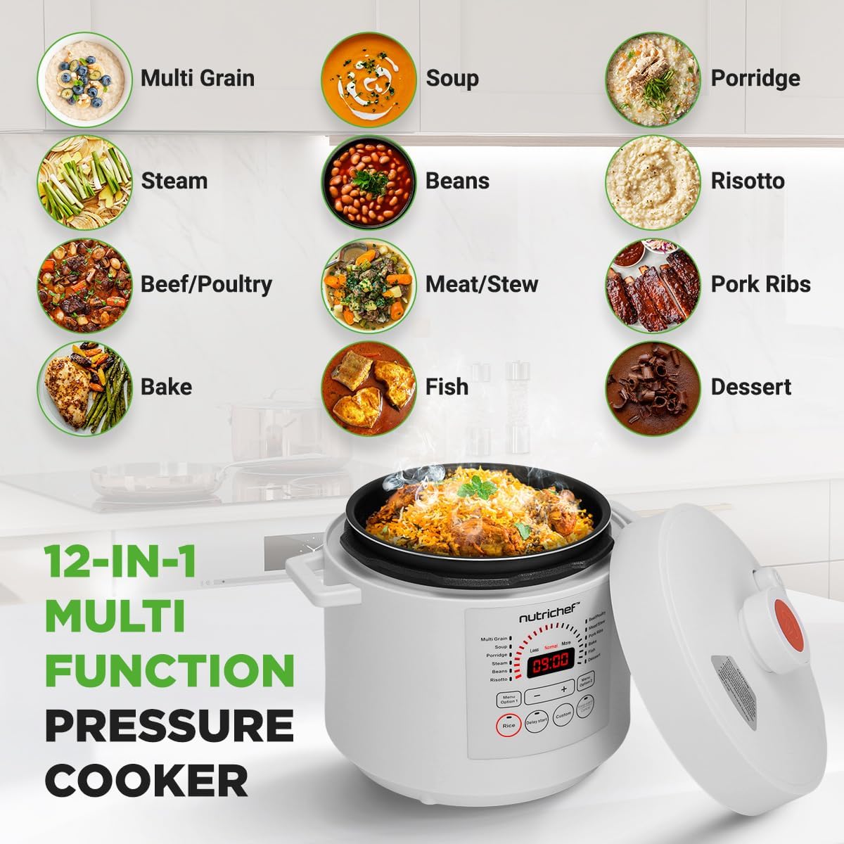 NutriChef Electric Pressure Cooker 6 Quart Capacity | 9 Function Digital Countertop Pressure Cooker | Adjustable Time & Temperature | Cook, Bake, Steam, & Braise | 13.1 x 11.4 IN | White