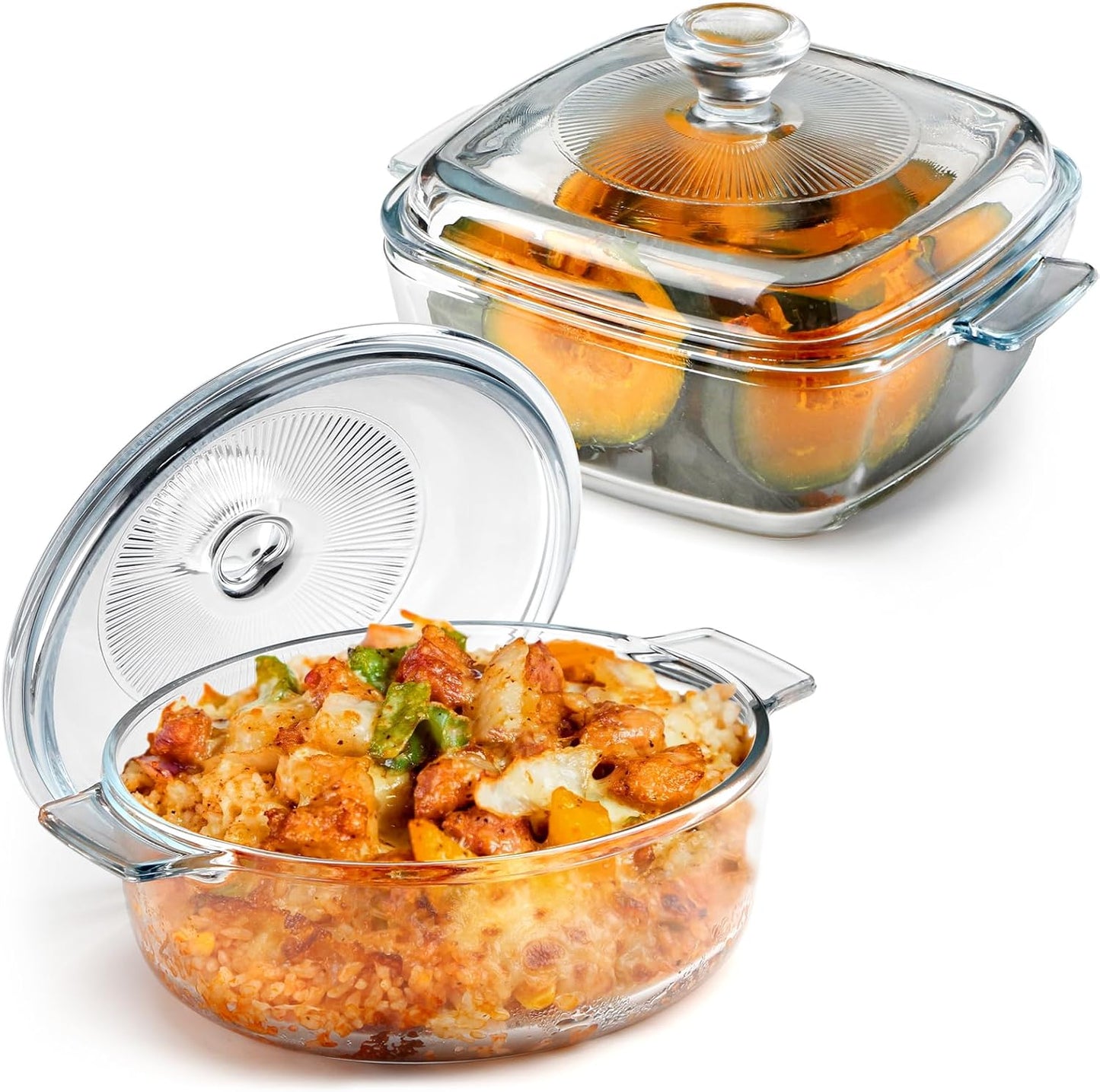 NUTRIUPS Mini Glass Casserole Dish Set with Lid Oven Safe Casserole Dish Set 2 Pack (5.9in Square+6in Round), 25oz Glass Microwave Bowl With Lid Microwavable Cookware