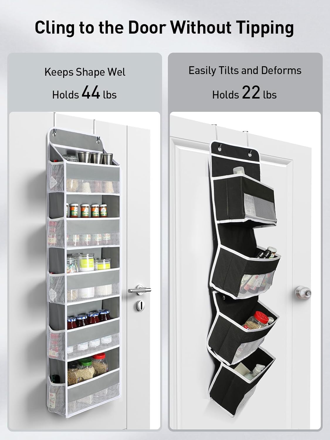 Yecaye 1 Pc Over the Door Organizer with 5 Bins 10 Side Pockets, 44lbs Load Hanging Bathroom and Bedroom Organizer, behind the Door Hanging Organizers for Nursery Newborn Baby Essential Stuff Grey