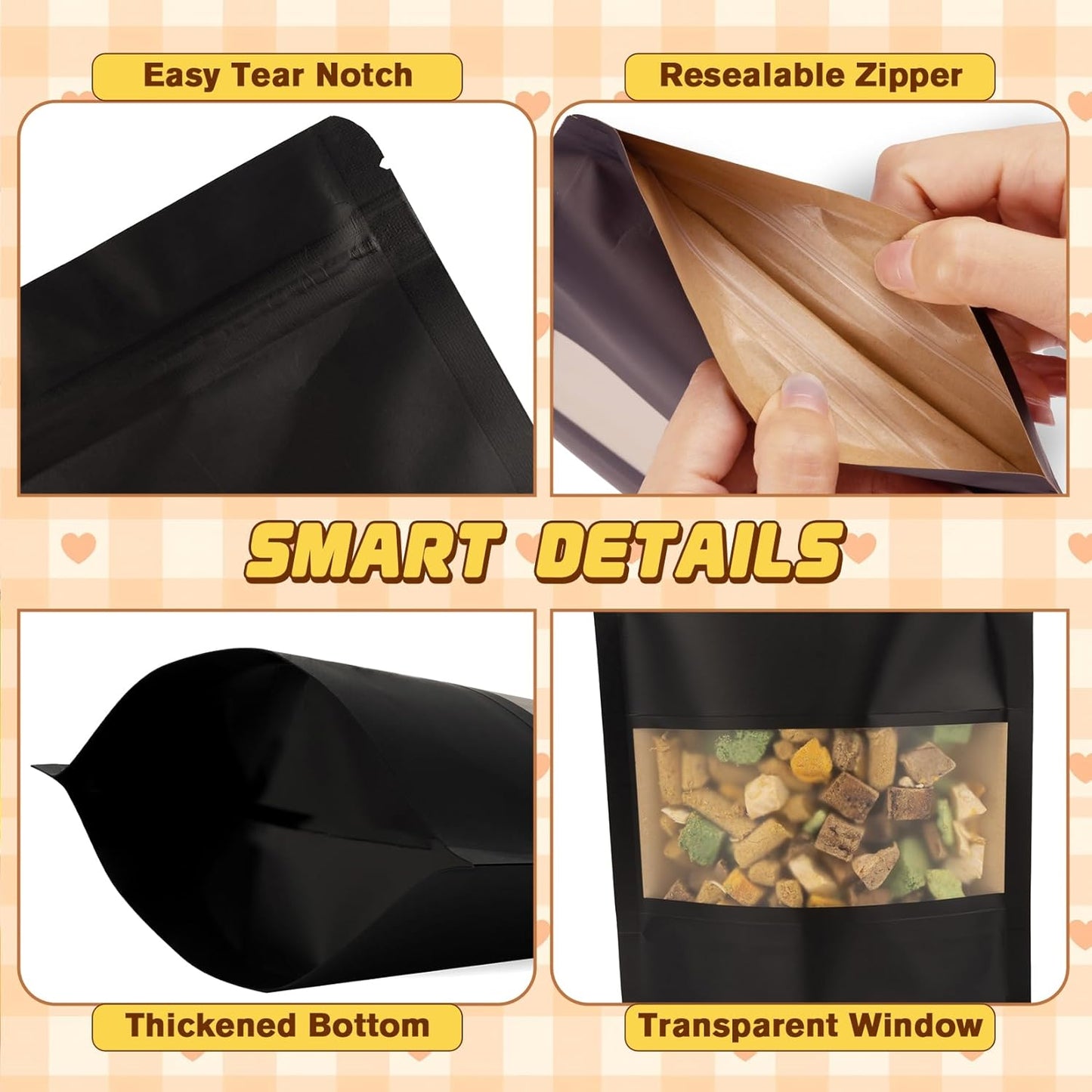 Jetmore-50pack-Smell-Proof-Bag, Reusable Zip Lock Bags with Window, Resealable Stand Up Packaging Bags, Brown Paper Pouches for Coffee, Tea, Herbs, Spice, Snack, Baked Goods, Goodie Bags