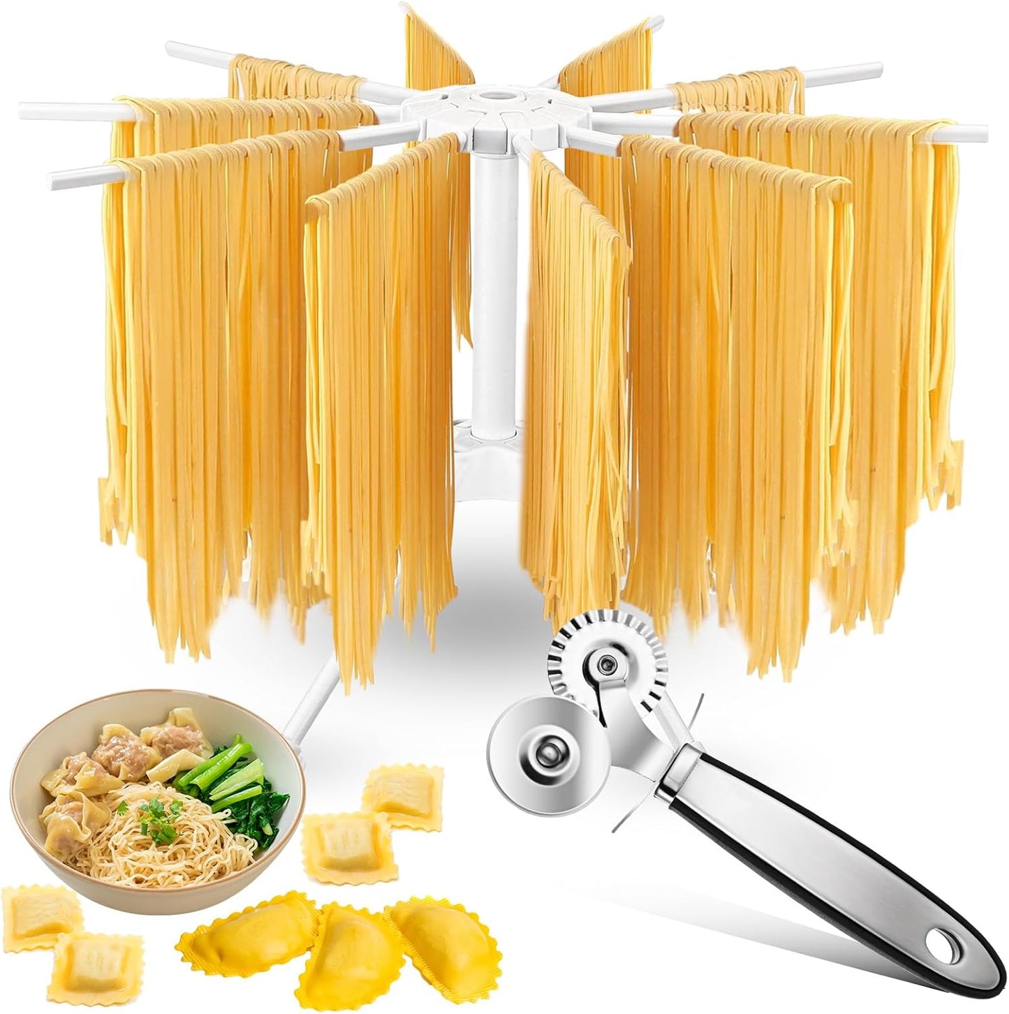 Pasta Drying Rack and Cutter Wheel Ravioli Cutter Wheel Ravioli Roller Plastic Foldable Homemade Fresh Spaghetti Collapsible Stand Stable Easy Storage for Kitchen and Home Dumpling Lasagna