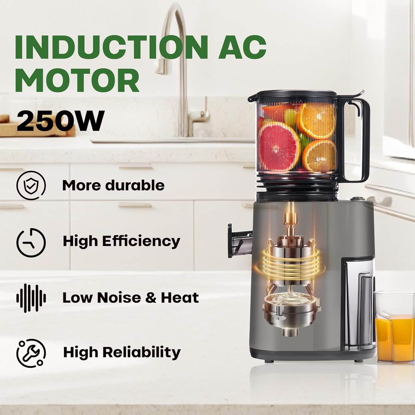 Cold Press Juicer, 5.4" Wide Feed Chute Juicer Machines for Vegetable and Fruit, Slow Masticating Juicer with AC Moter, Easy to Clean, AC-Grey