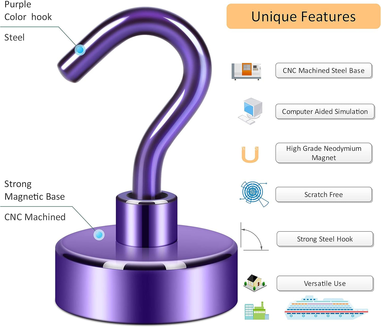 Neosmuk Magnetic Hooks, Heavy Duty Earth Magnets with Hook for Refrigerator, Extra Strong Cruise Hook for Hanging, Magnetic Hanger for Cabins, Grill (Purple, 10 Pack)