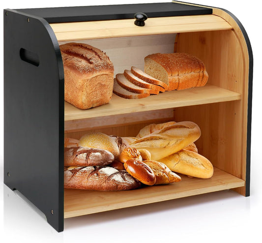 Bread Box for Kitchen Countertop, Double Layer Bamboo Bread Storage Container for Homemade Bread, Roll Top Bread Box with 3 Adjustable Height for Kitchen Counter, Black Breadbox Organizer