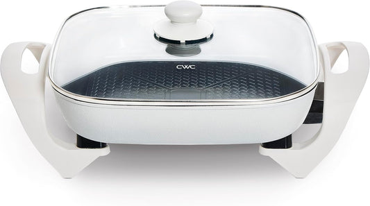 COOK WITH COLOR Electric Skillet - 12" x 12" Ceramic Nonstick Pan, PFAS-Free, 1400W, Tempered Glass Lid, Variable Temperature, Removable Heating Probe, Cool-Touch Handles, Cream