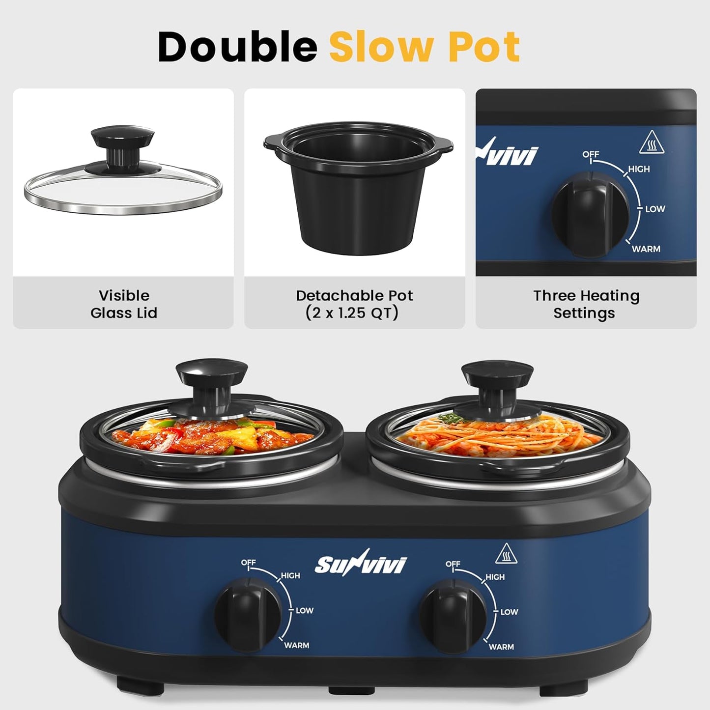 Sunvivi Double Slow Cooker,2 Removable Pots Small Mini Crock Buffet Server and Warmer with Adjustable Temp, Visible Glass Lids, Dishwasher Safe, 2 x 1.25 Quart, Blue