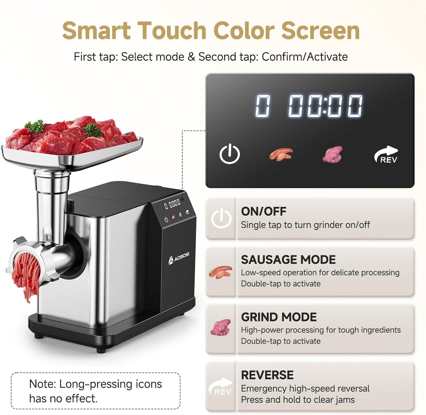 AAOBOSI Meat Grinder Electric 3000W Max with Touch Color Screen, Auto-Reverse & Built-in Storage - 3 Speed Settings,Grinding, Sausage & Kibbe Making for Home Use, Stainless Steel