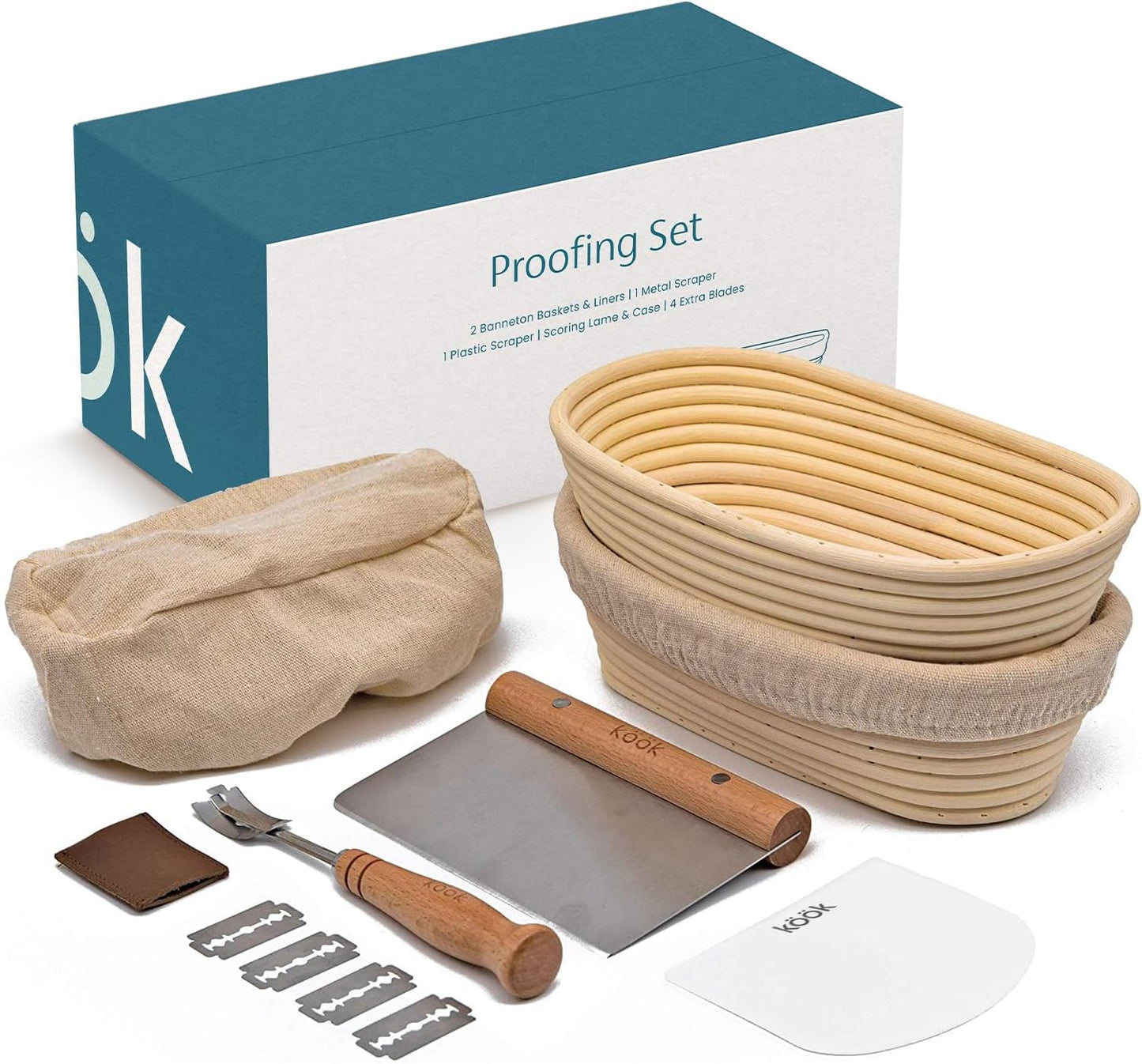 Kook Banneton Bread Proofing Set, Artisan Sourdough Bread Making Kit, 9.8 Inch Rattan Baskets and Liners, Metal & Plastic, Scrapers, Scoring Lame & Case, 4 Extra Blades, Set of 2, Oval